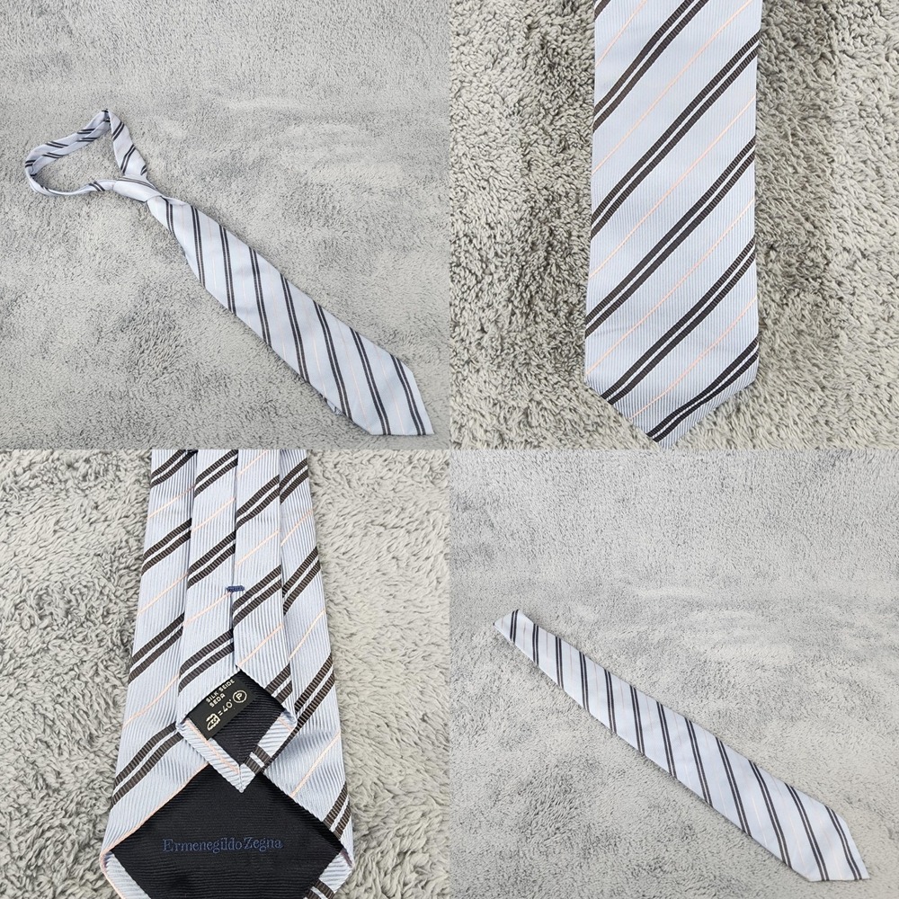Ermenegildo Zegna Tie Mens Silk Blue Brown Peach Striped‎ Necktie Made in Italy